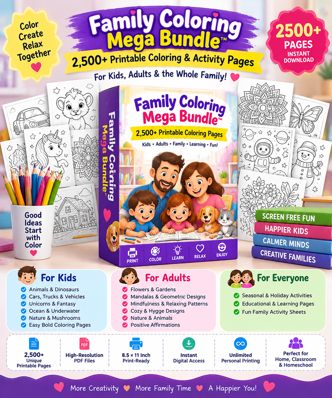 Family Coloring Mega Bundle product mockup showing 2,500+ printable coloring pages for kids, adults, and the whole family
